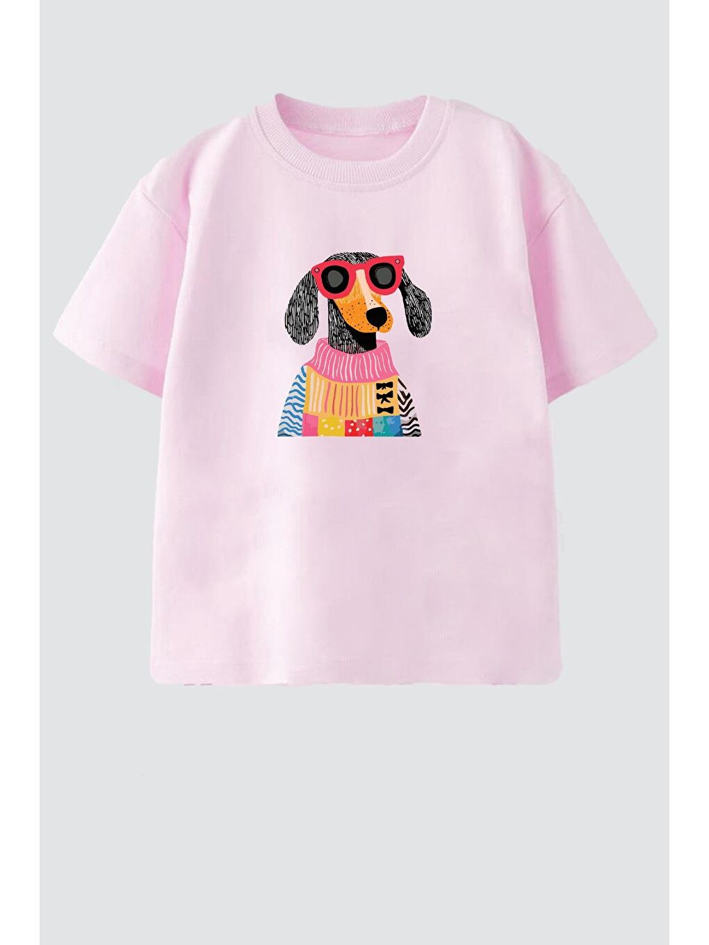 Pembe Kız Çocuk Köpek Baskılı Pamuklu Bisiklet Yaka T-Shirt-1