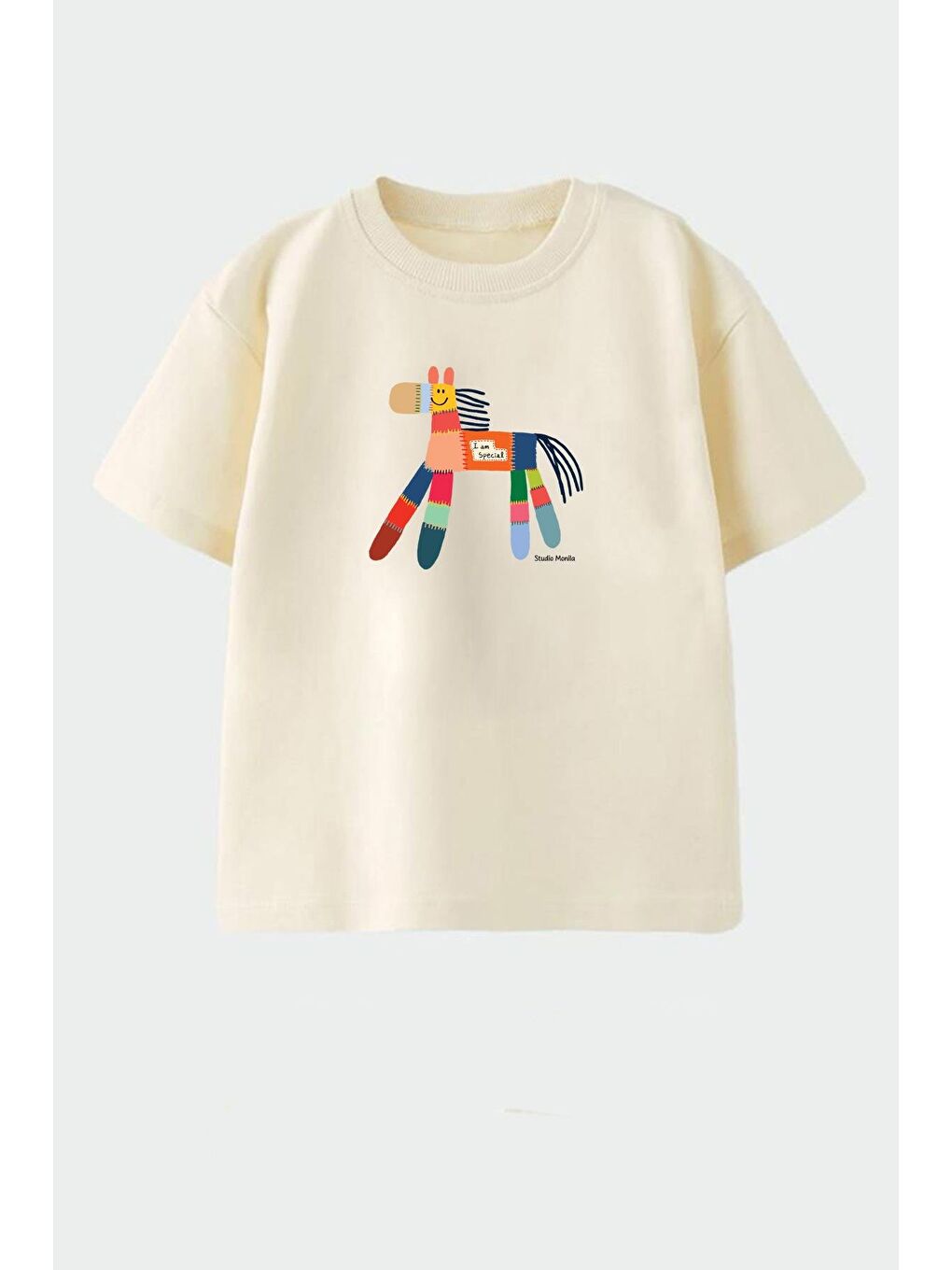 Bej Unisex Çocuk Pamuklu Bisiklet Yaka Baskılı T-Shirt