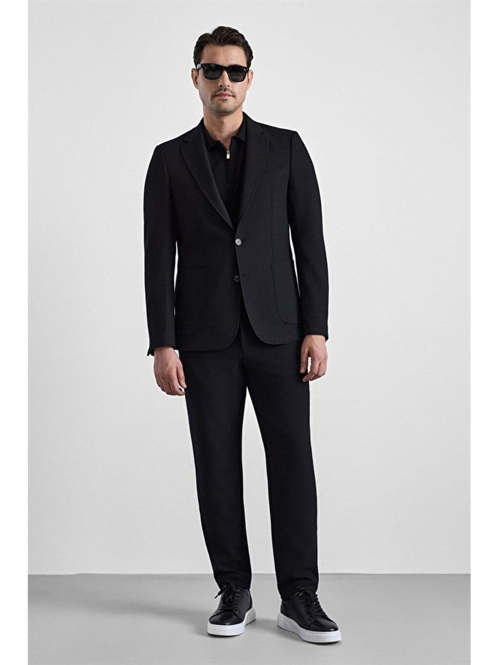 Siyah Slim Mono Yaka Düz Torba Cep 6 Drop Takım Elbise-8