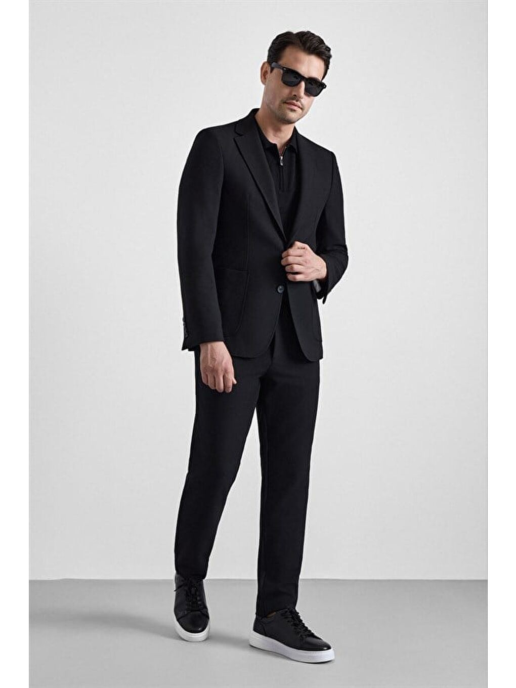 Siyah Slim Mono Yaka Düz Torba Cep 6 Drop Takım Elbise-9