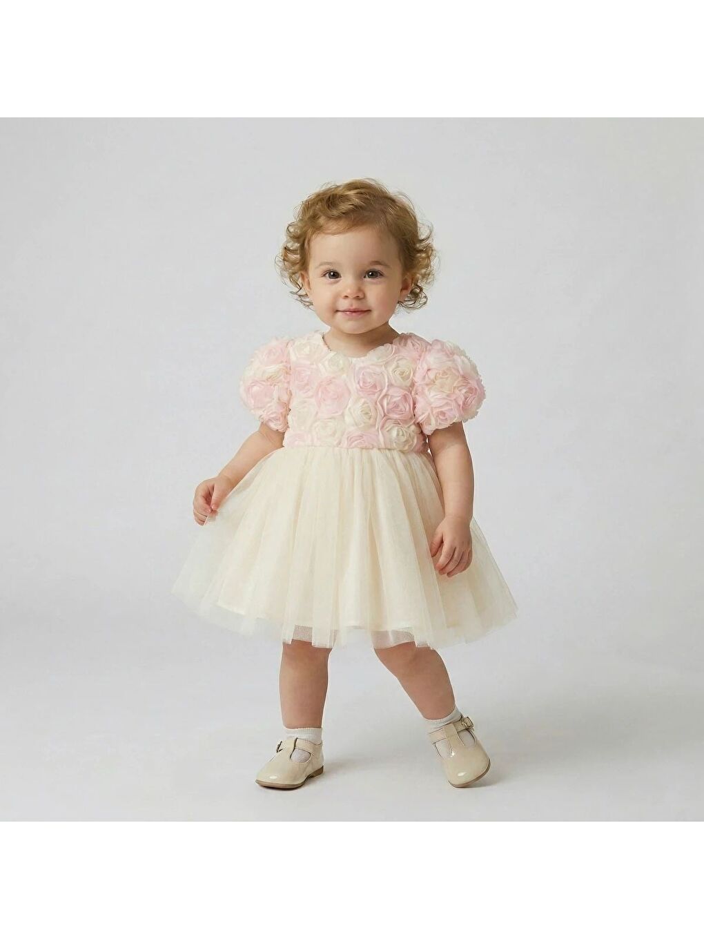 Kız Çocuk Pamuklu Ekru Gül Aplikeli Tütü Elbise-1