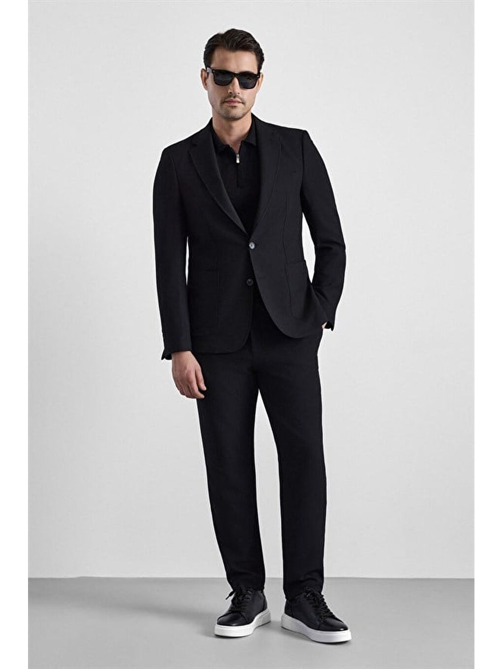 Siyah Slim Mono Yaka Düz Torba Cep 6 Drop Takım Elbise-10