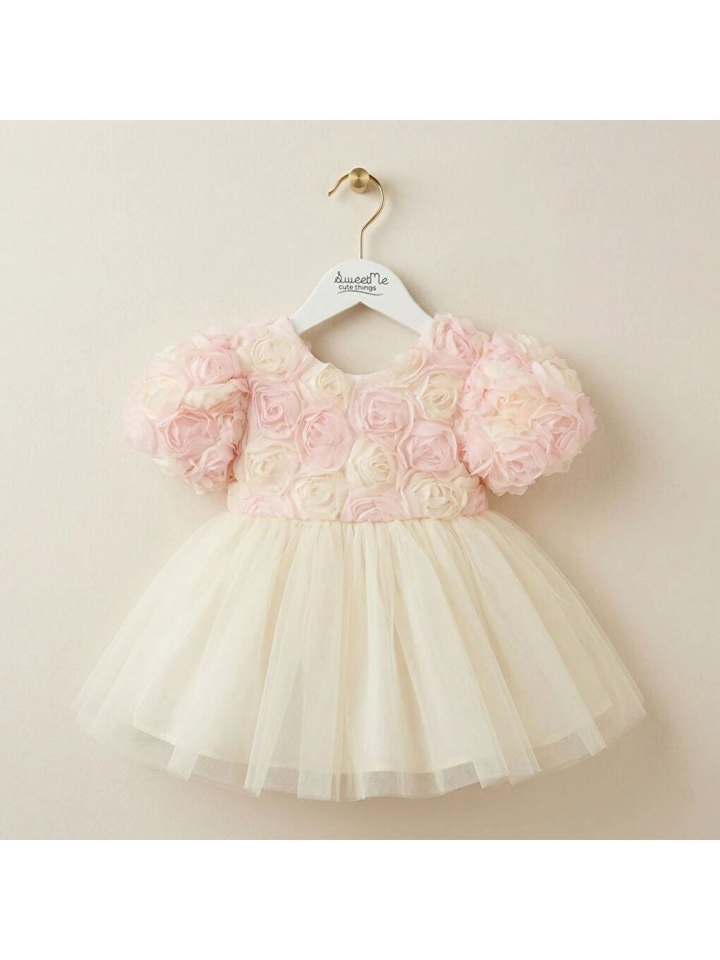 Kız Çocuk Pamuklu Ekru Gül Aplikeli Tütü Elbise-2