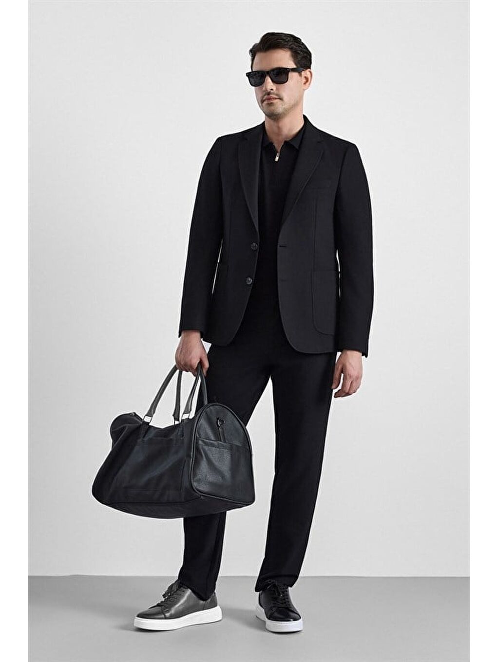 Siyah Slim Mono Yaka Düz Torba Cep 6 Drop Takım Elbise-11