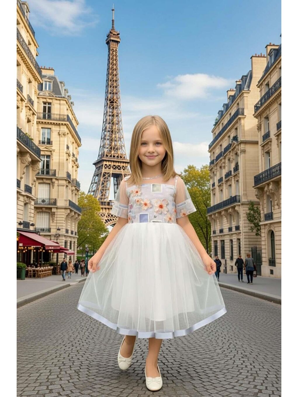 Kız Çocuk Etek Ucu Şerit ve Göğsü Gül Baskılı Yakası Şeffaf Gri Elbise