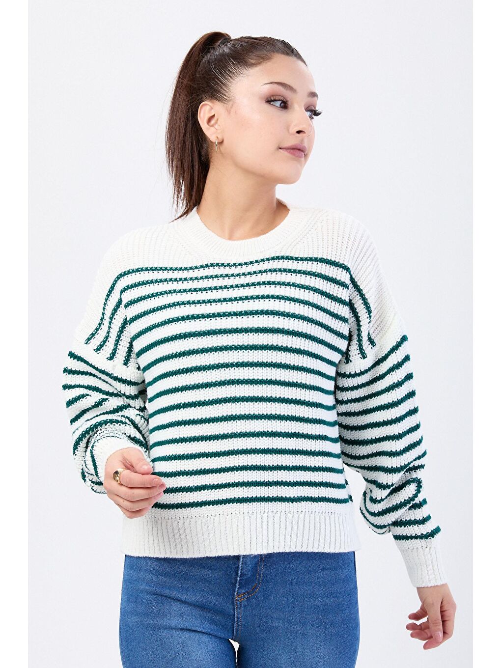 Bisiklet Yaka Kadın Yeşil Triko Kazak - 24063-1