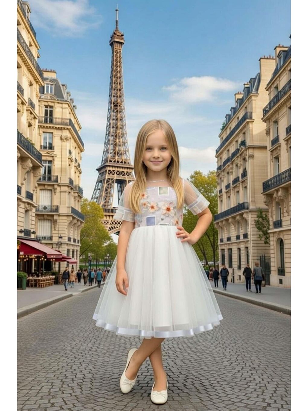 Kız Çocuk Etek Ucu Şerit ve Göğsü Gül Baskılı Yakası Şeffaf Gri Elbise-2