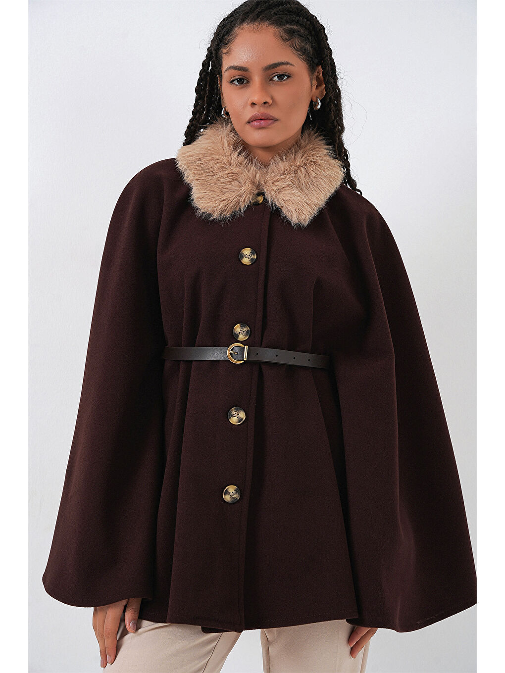 Kadın Kemerli Kaşe Panço 9165 - Kahverengi-1