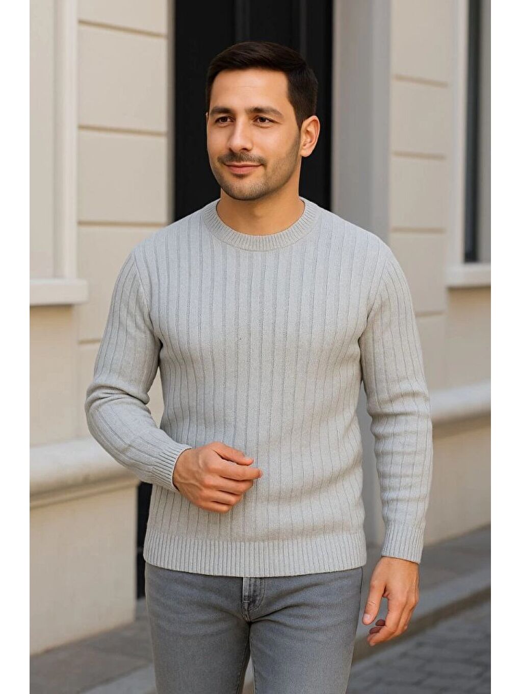 Gri Erkek Bisiklet Yuvarlak Yaka Triko Kazak-1