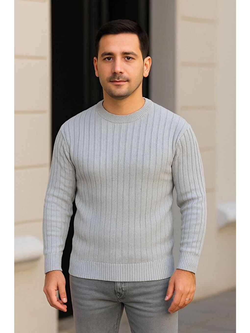 Gri Erkek Bisiklet Yuvarlak Yaka Triko Kazak-2