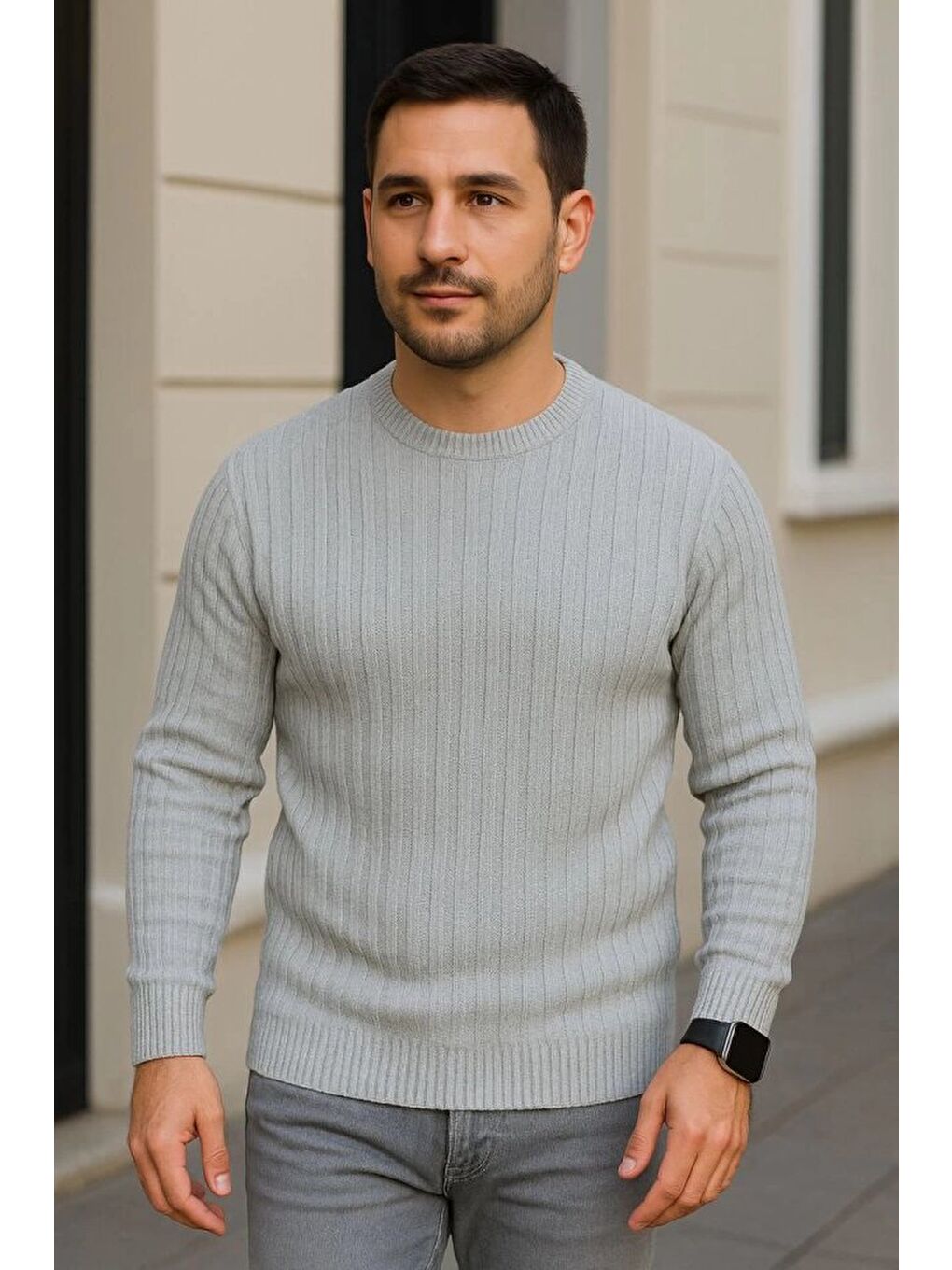 Gri Erkek Bisiklet Yuvarlak Yaka Triko Kazak-3