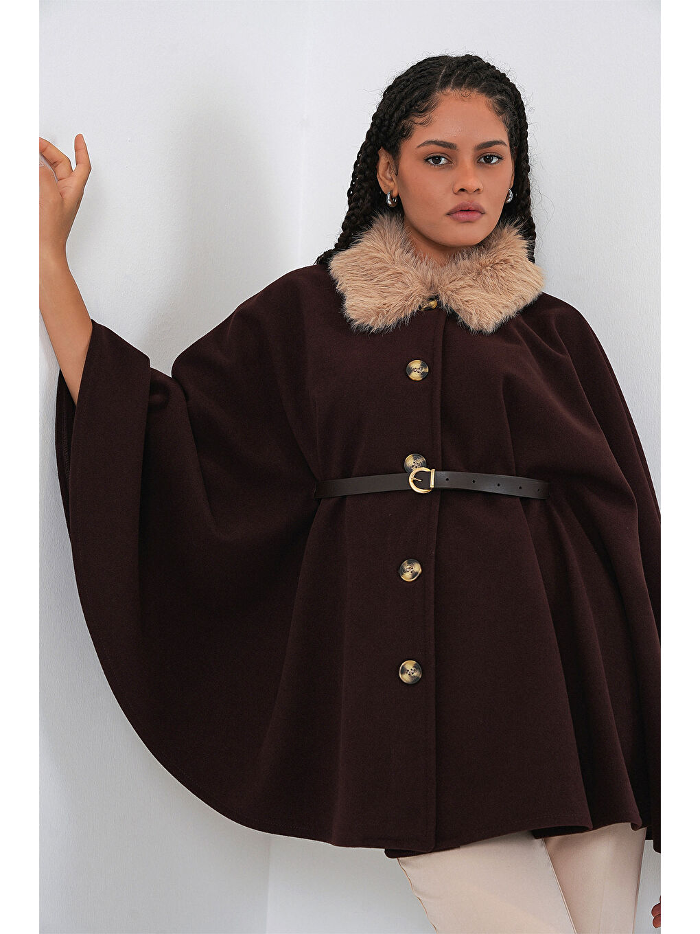 Kadın Kemerli Kaşe Panço 9165 - Kahverengi-2