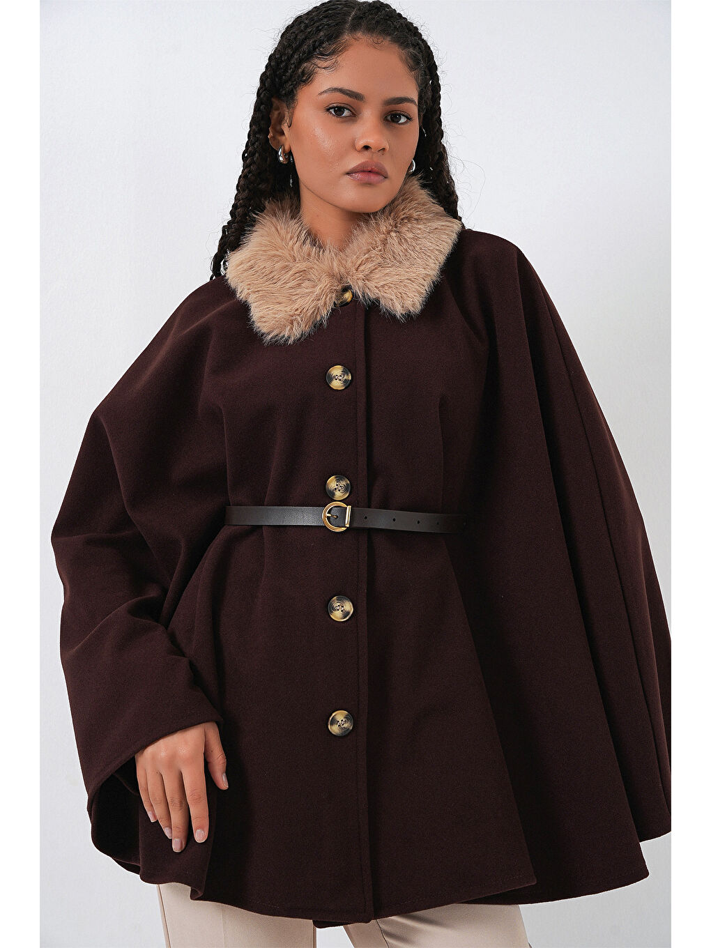 Kadın Kemerli Kaşe Panço 9165 - Kahverengi-3