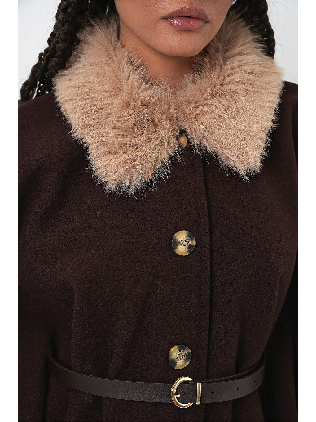 Kadın Kemerli Kaşe Panço 9165 - Kahverengi-4