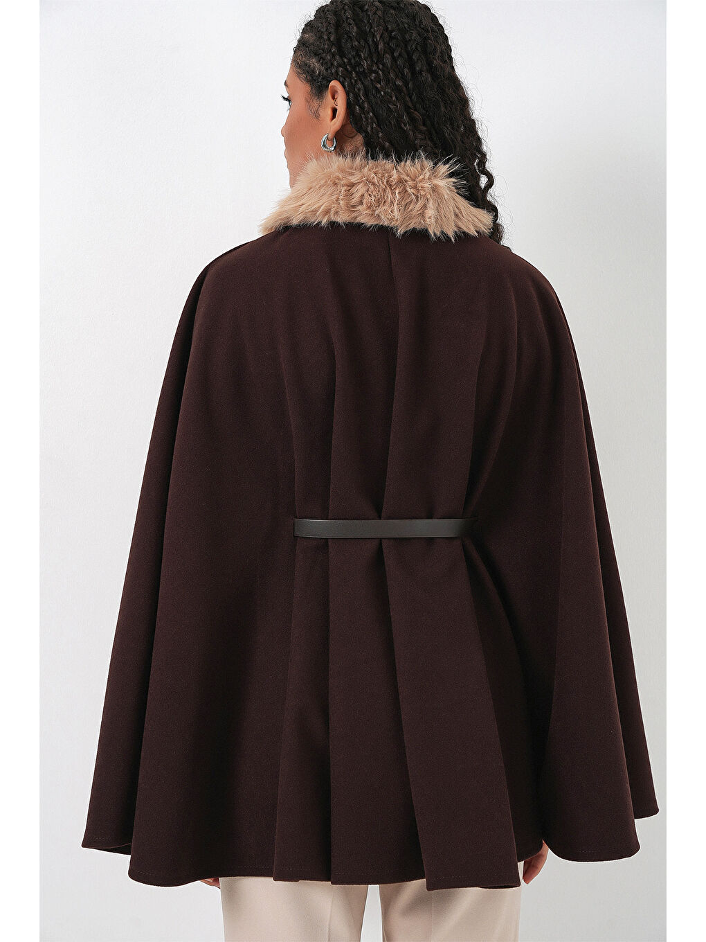 Kadın Kemerli Kaşe Panço 9165 - Kahverengi-5