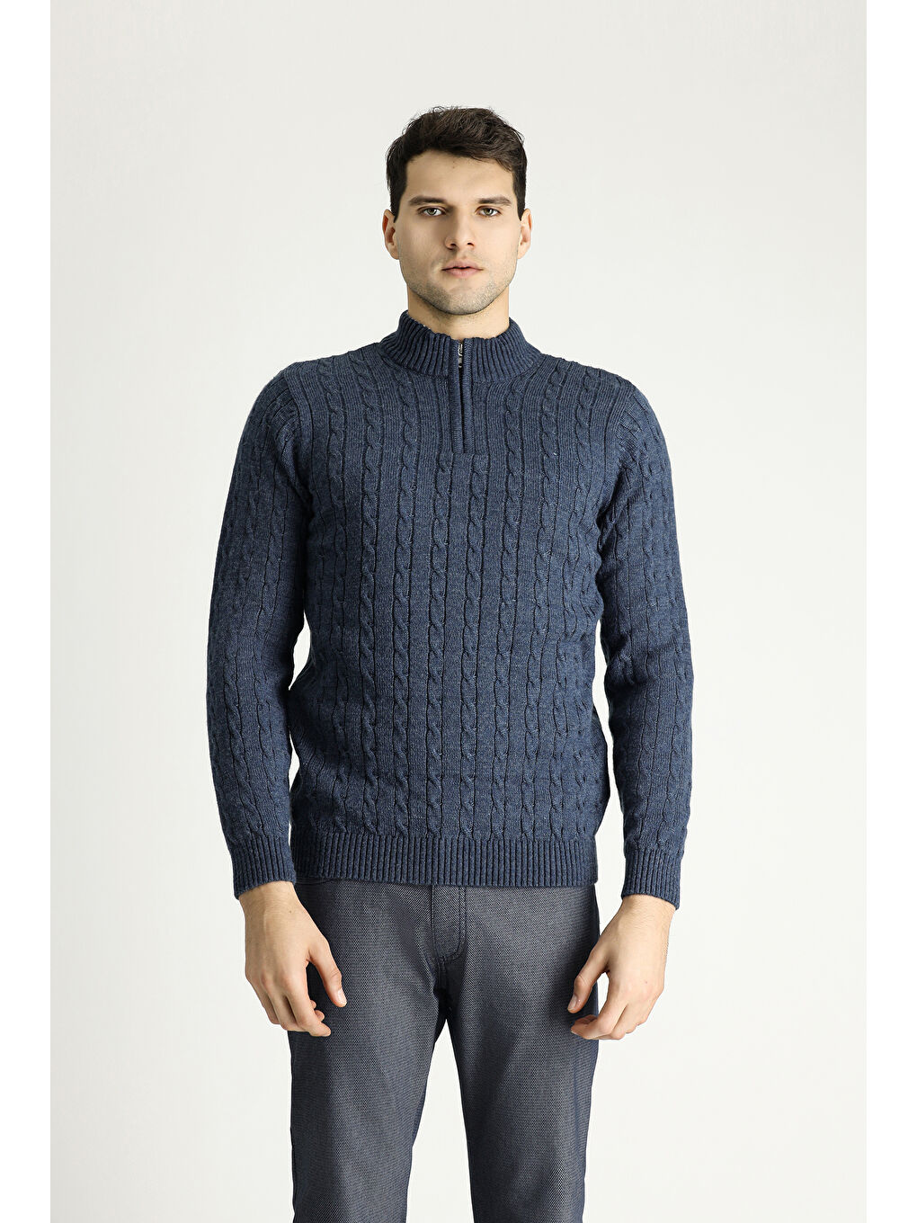 İndigo Bato Yaka Regular Fit Fermuarlı Desenli Triko Büyük Beden Kazak-2