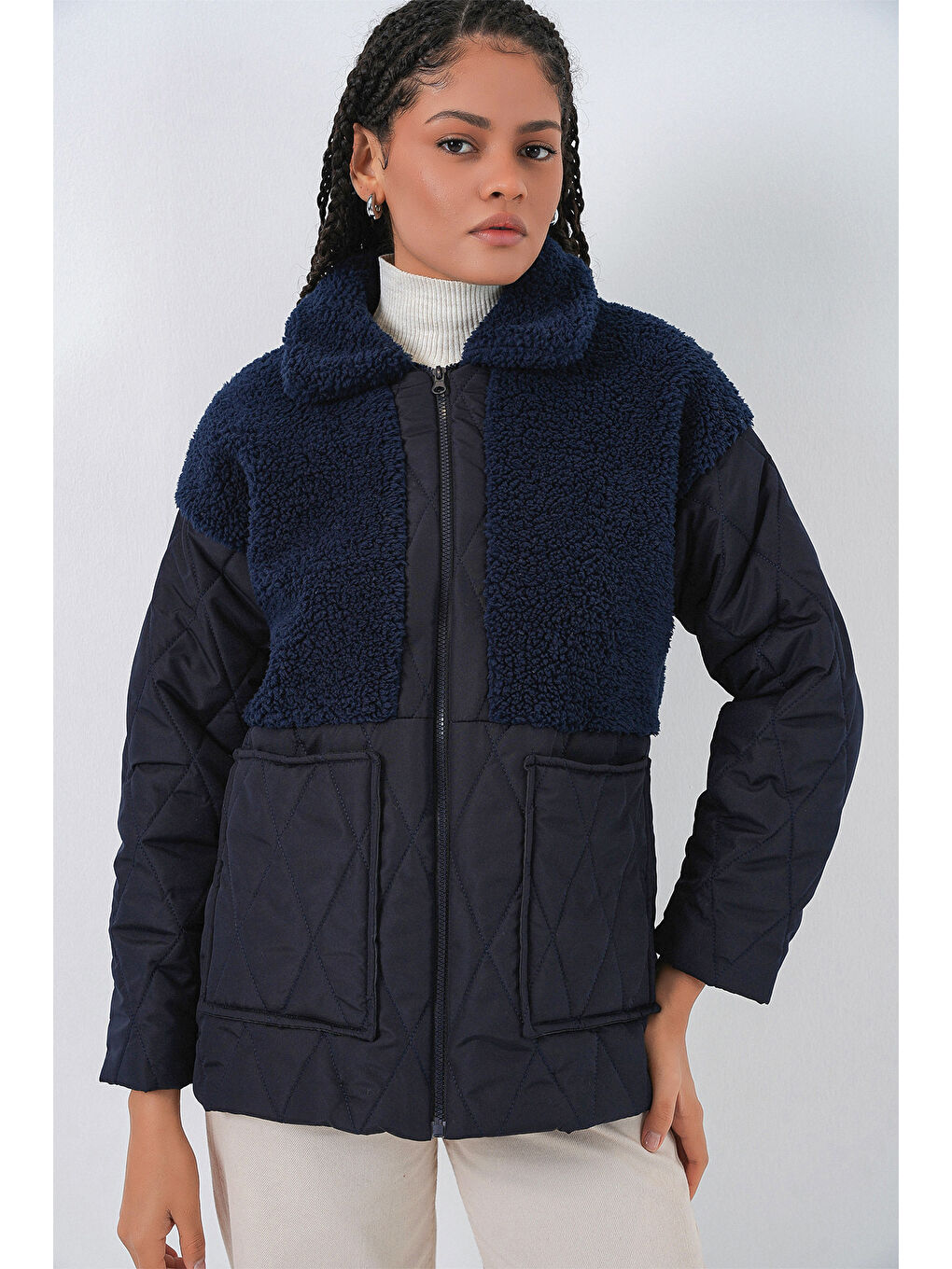 5182 Pelüş Detaylı Oversize Şişme Mont - Lacivert