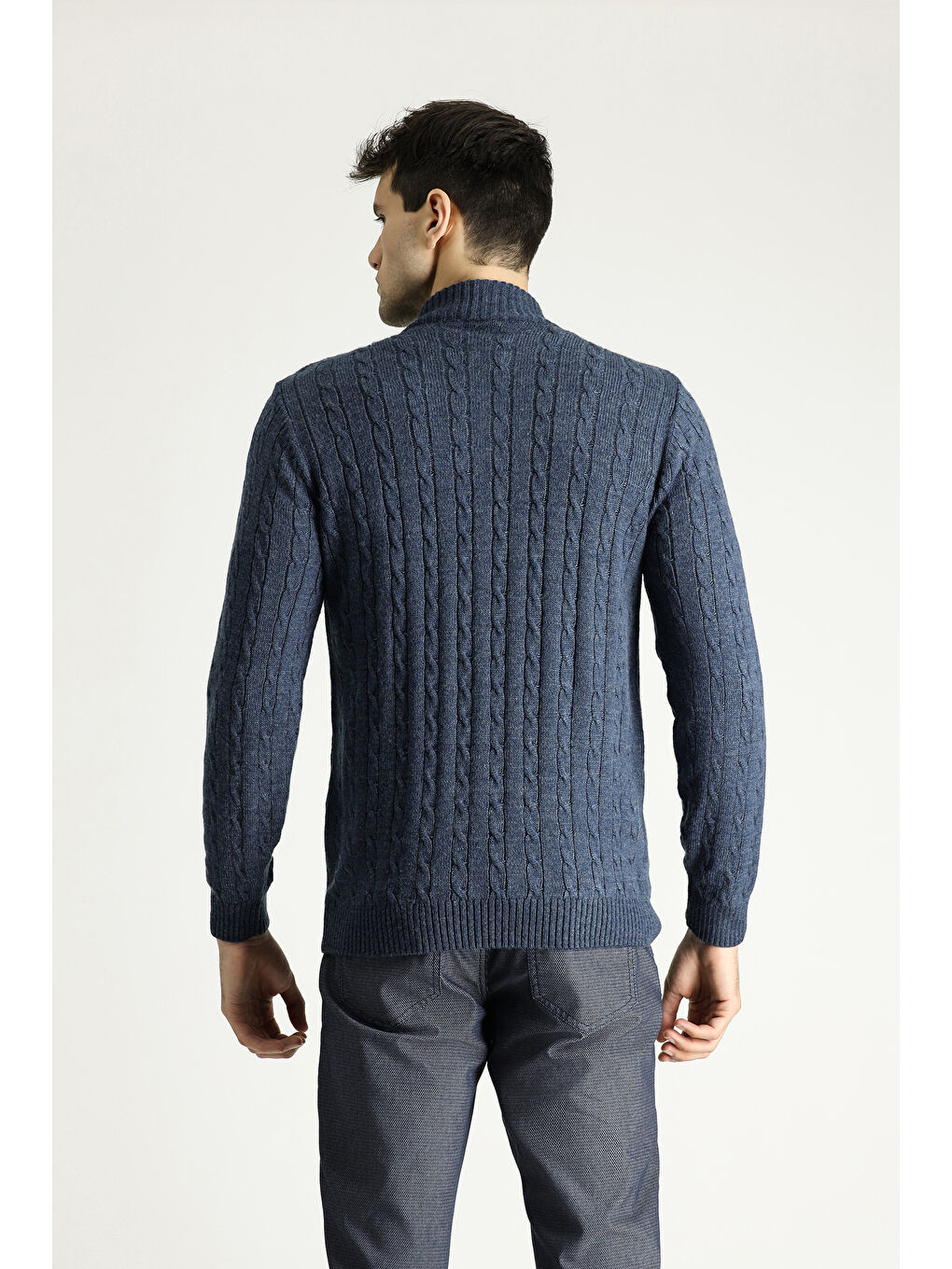 İndigo Bato Yaka Regular Fit Fermuarlı Desenli Triko Büyük Beden Kazak-3