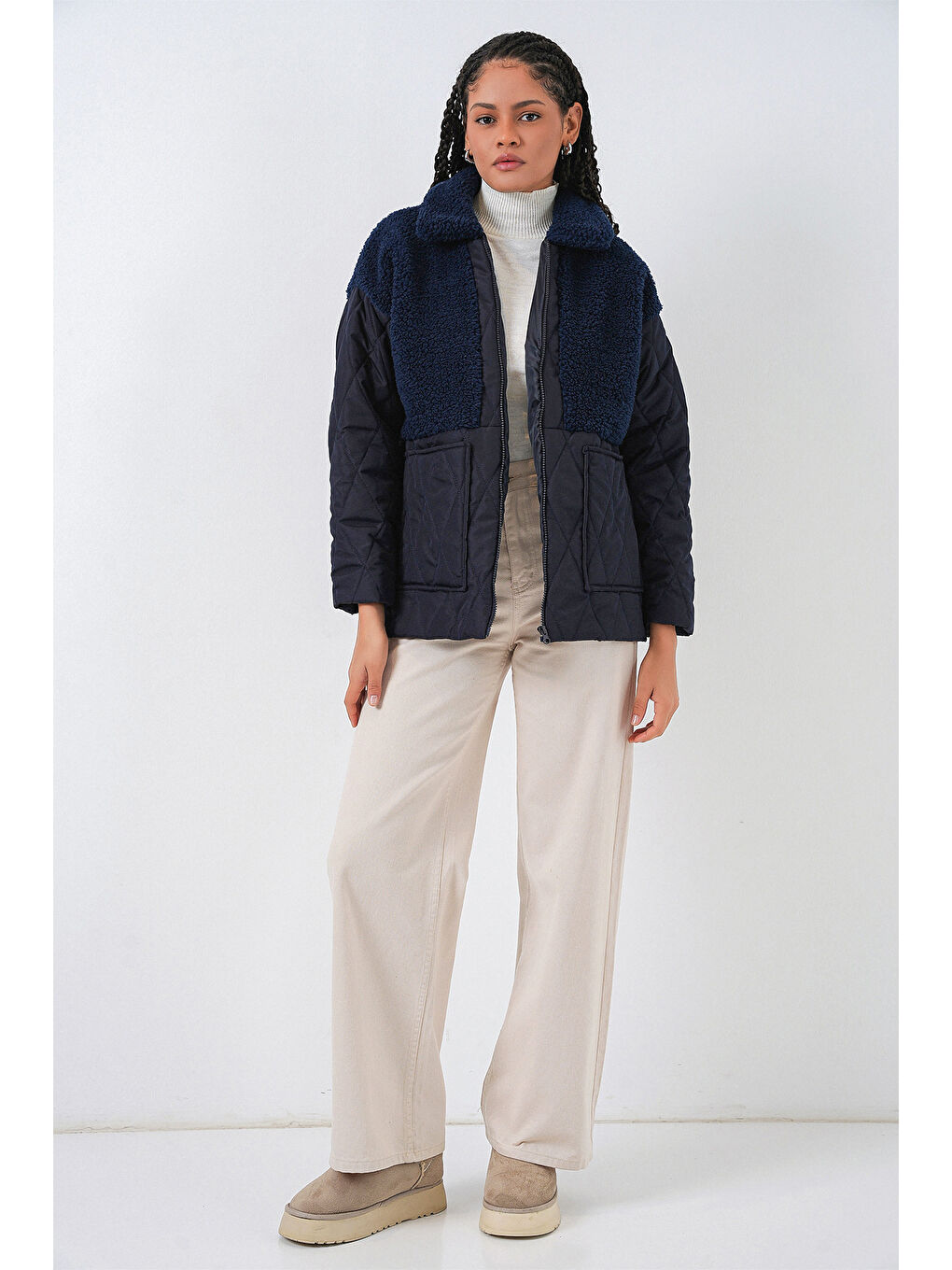 5182 Pelüş Detaylı Oversize Şişme Mont - Lacivert-1