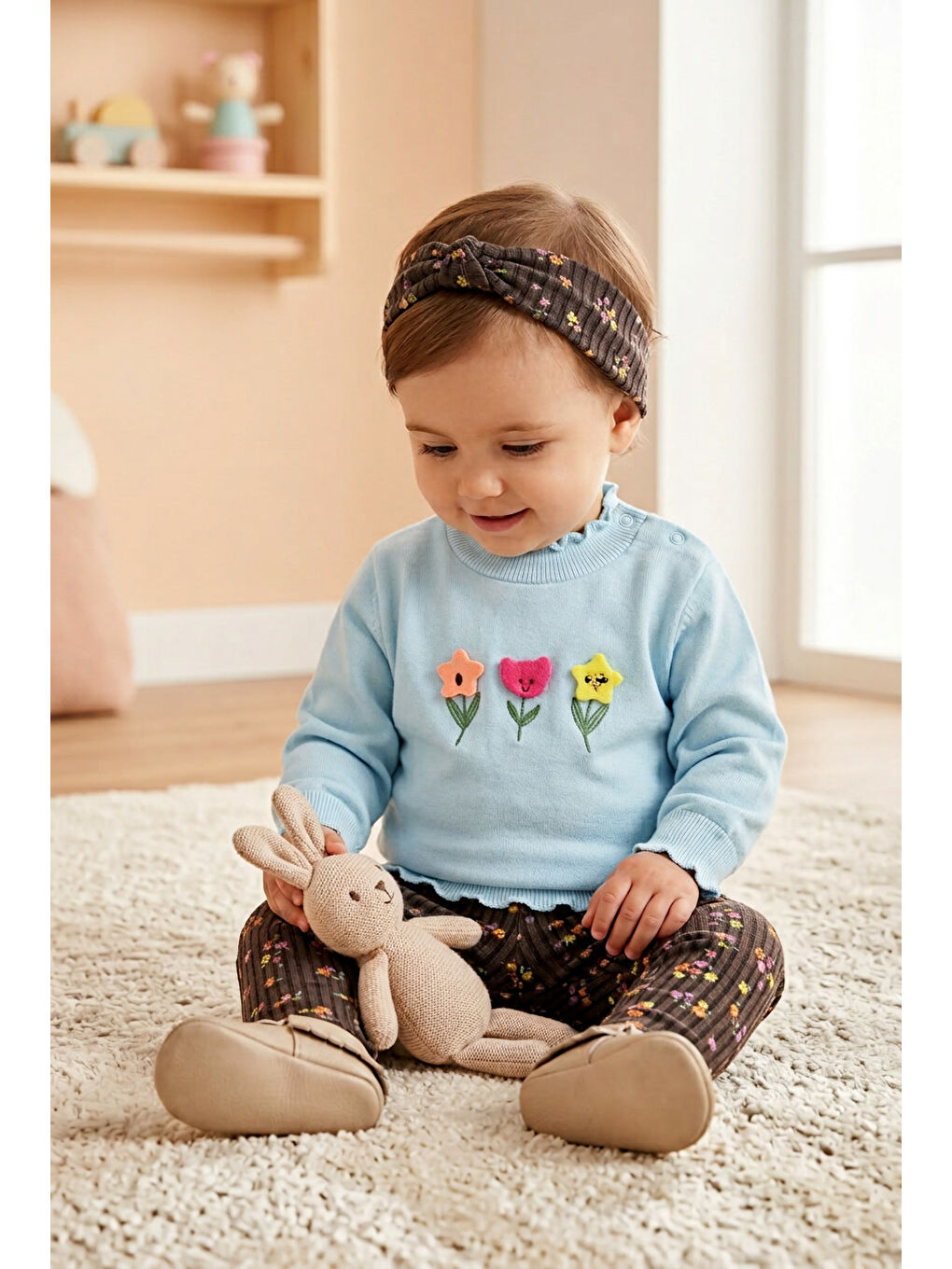 Mavi Kız Bebek Pamuklu Eşofman Takımı Saç Bandanalı İki İplik Rahat Kalıp-1