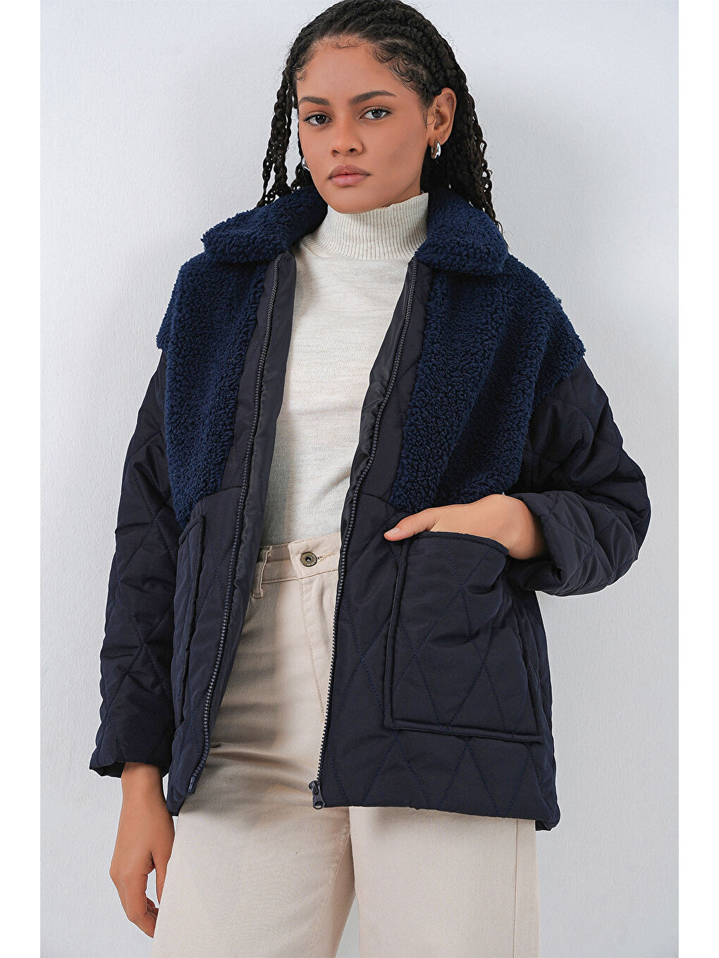 5182 Pelüş Detaylı Oversize Şişme Mont - Lacivert-2