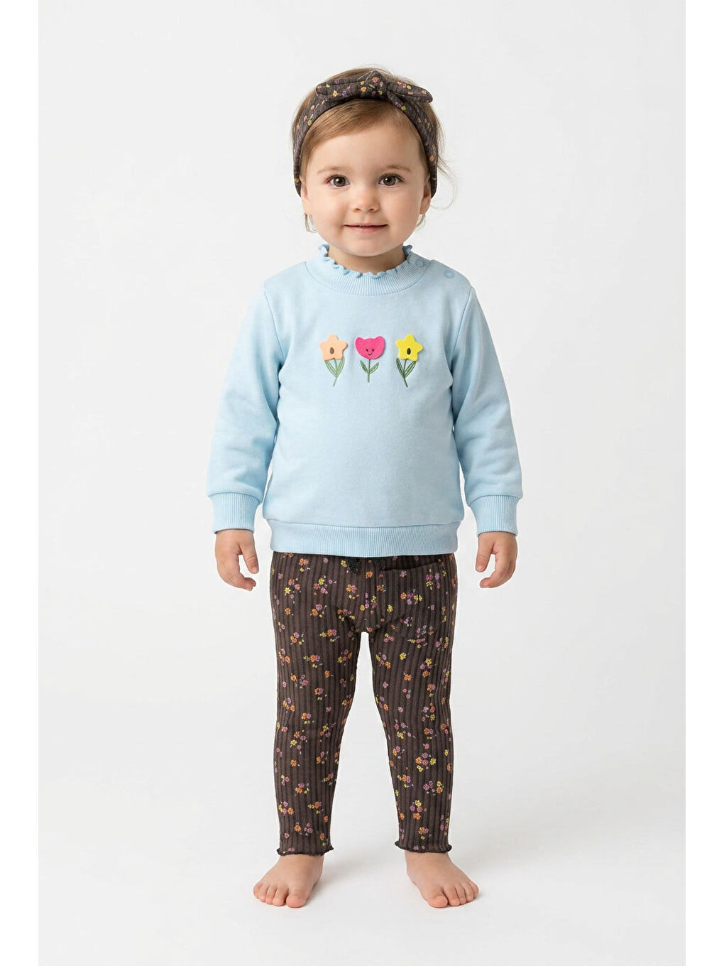 Mavi Kız Bebek Pamuklu Eşofman Takımı Saç Bandanalı İki İplik Rahat Kalıp-2