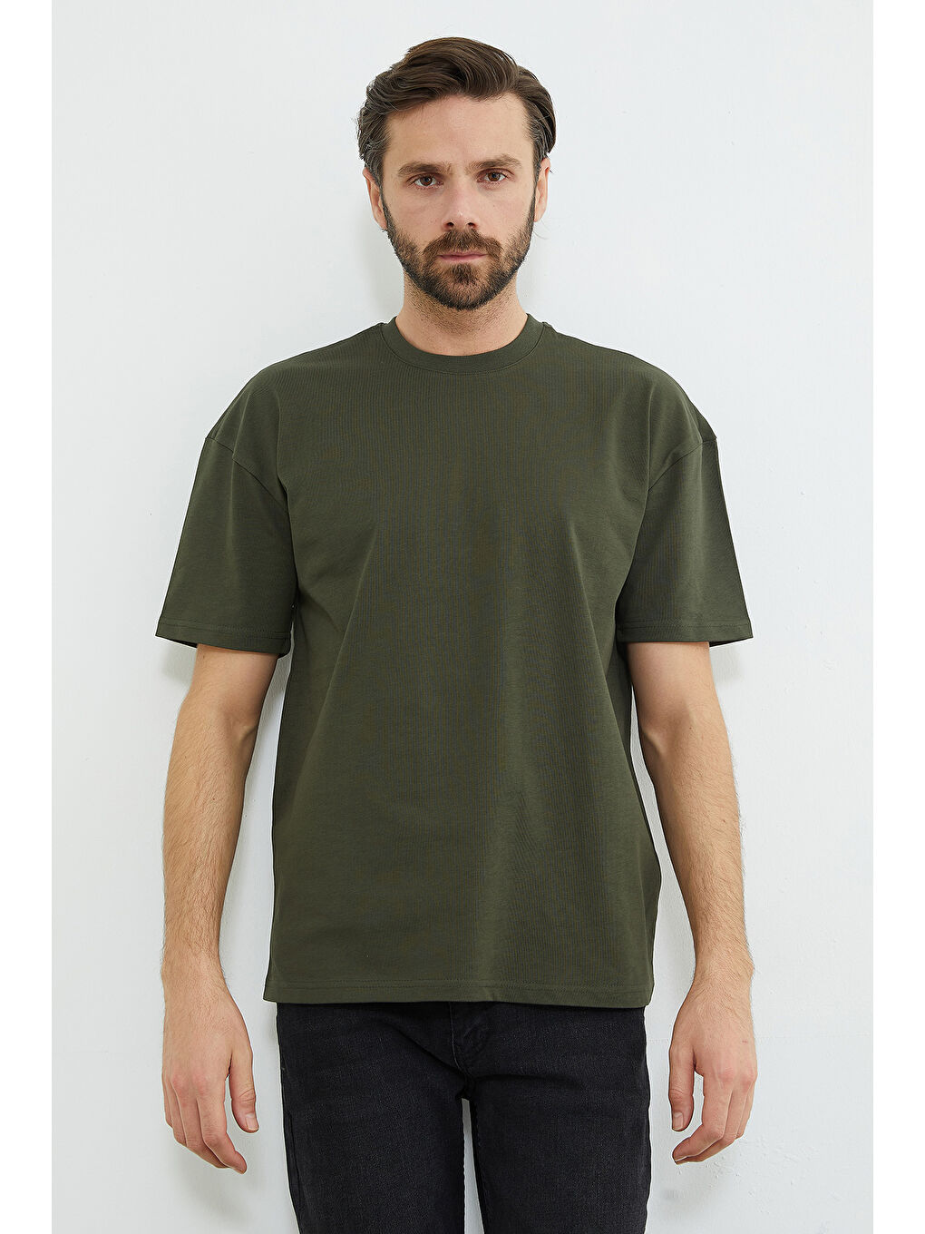 Haki Basic Bisiklet Yaka Oversize Tişört