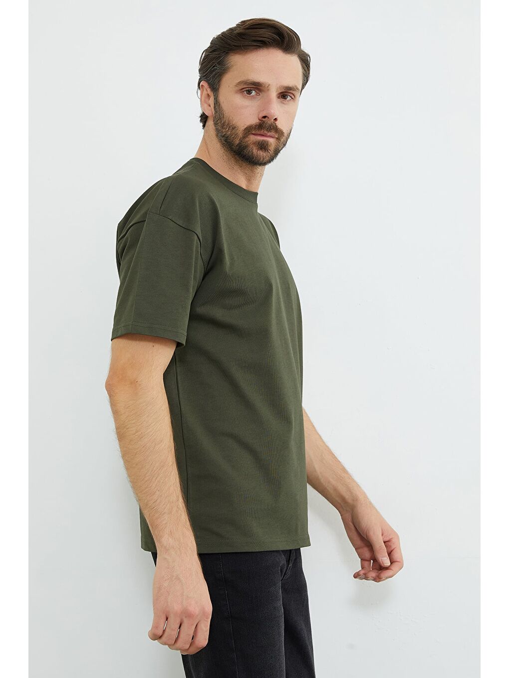 Haki Basic Bisiklet Yaka Oversize Tişört-1