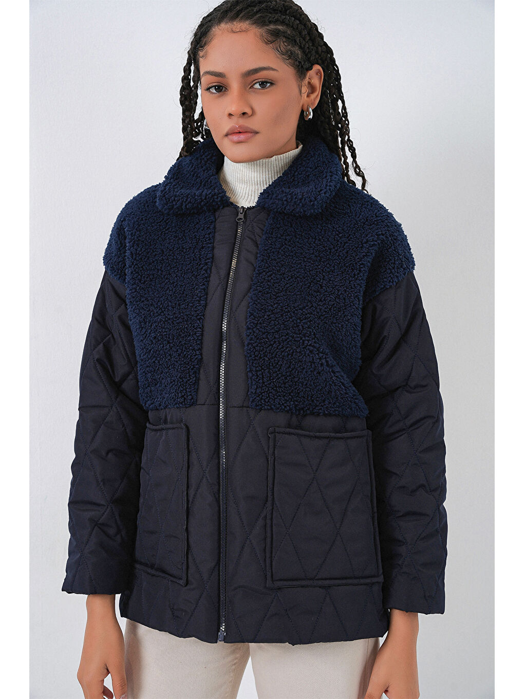 5182 Pelüş Detaylı Oversize Şişme Mont - Lacivert-3