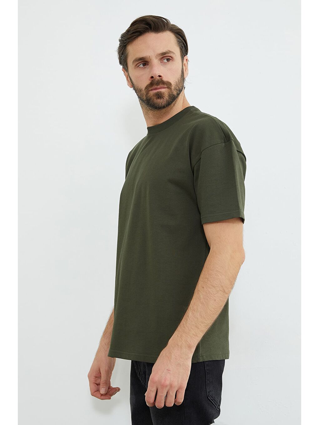 Haki Basic Bisiklet Yaka Oversize Tişört-2