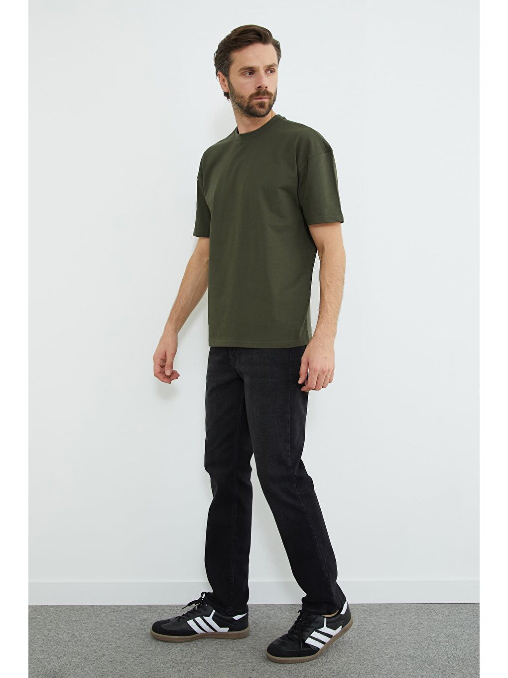 Haki Basic Bisiklet Yaka Oversize Tişört-3