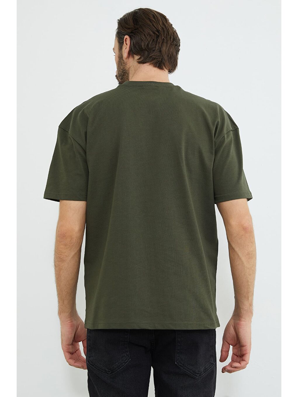 Haki Basic Bisiklet Yaka Oversize Tişört-4