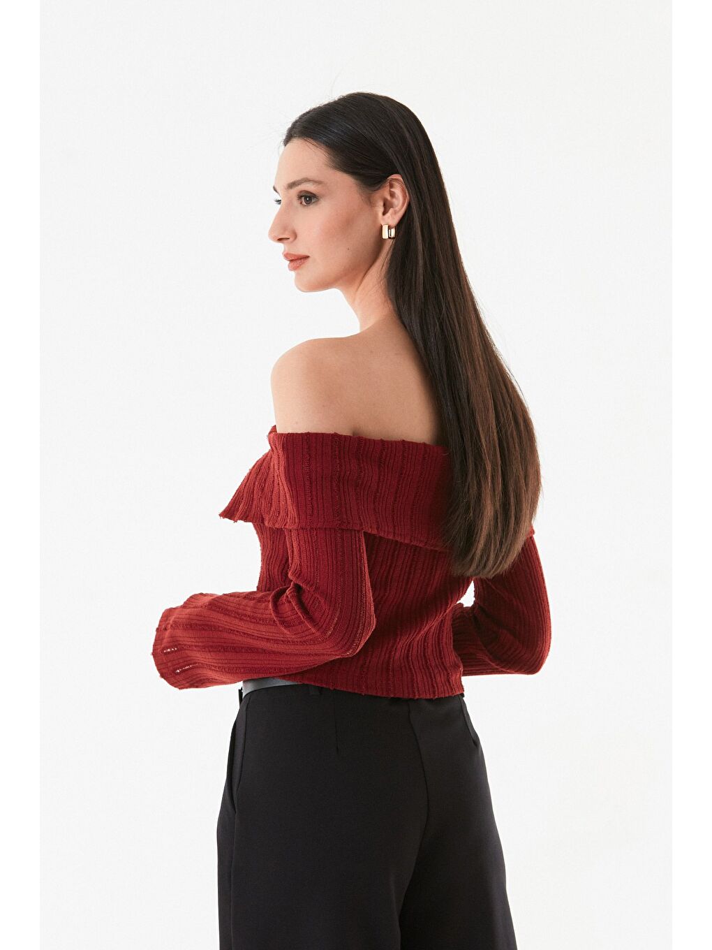 Bordo Madonna Yaka Fermuarlı Triko Bluz-3