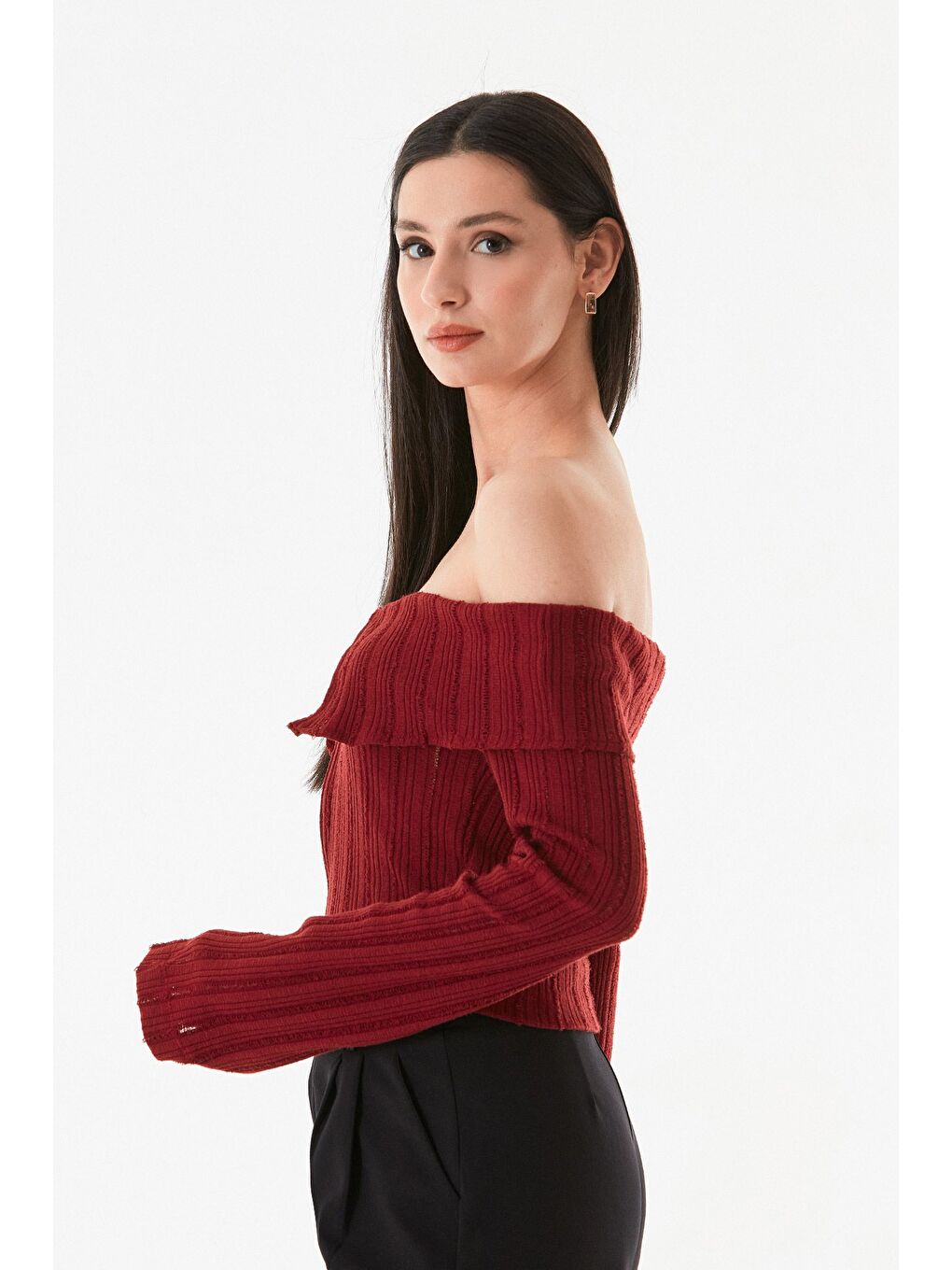 Bordo Madonna Yaka Fermuarlı Triko Bluz-4