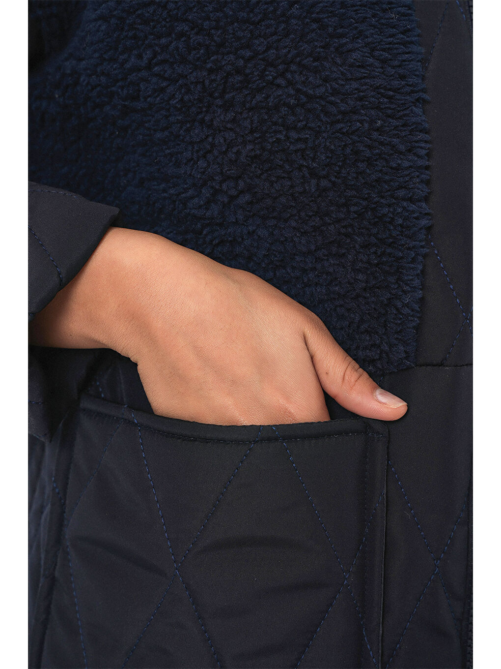 5182 Pelüş Detaylı Oversize Şişme Mont - Lacivert-4