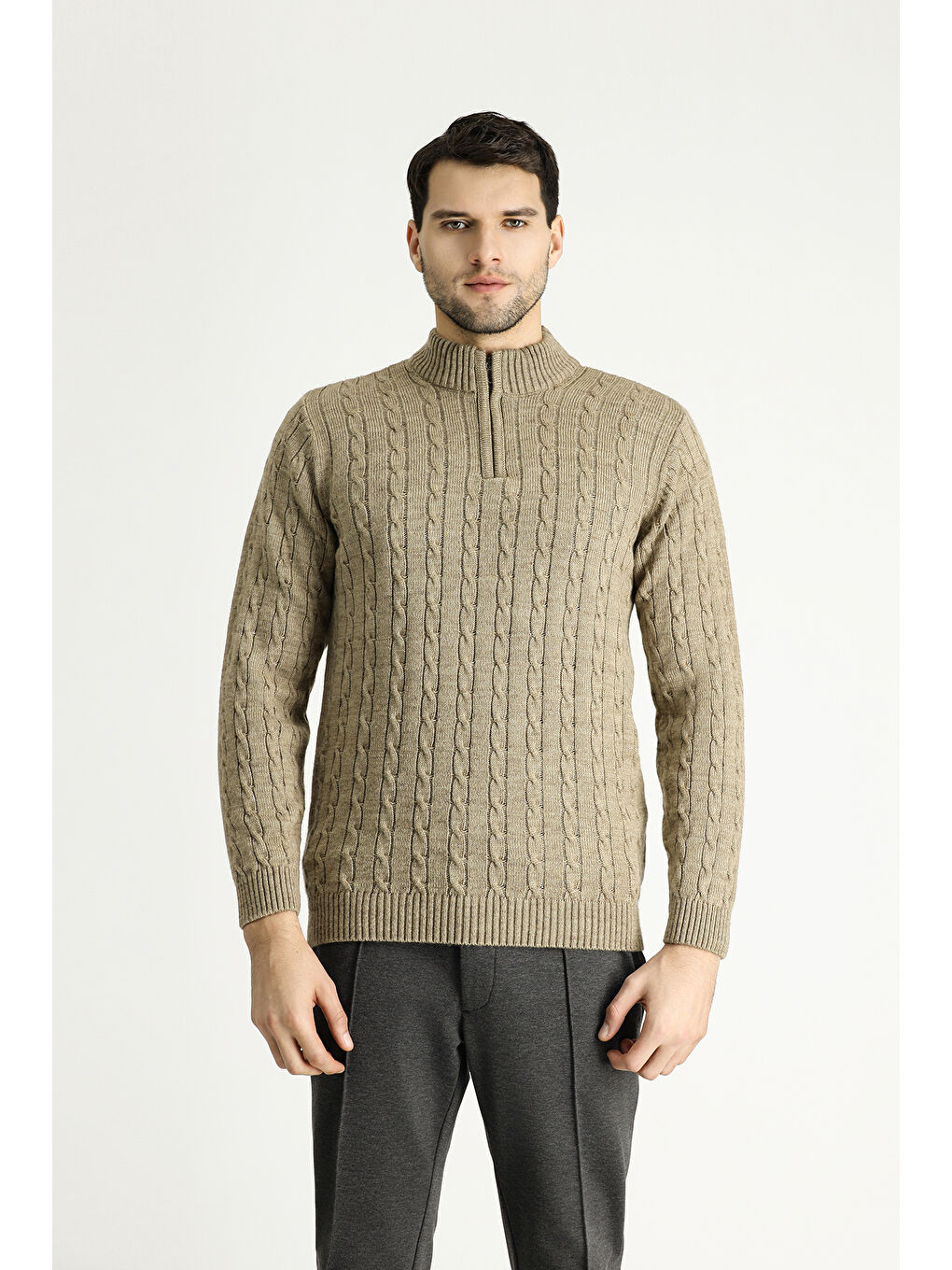 Bej Bato Yaka Regular Fit Fermuarlı Desenli Triko Büyük Beden Kazak-2