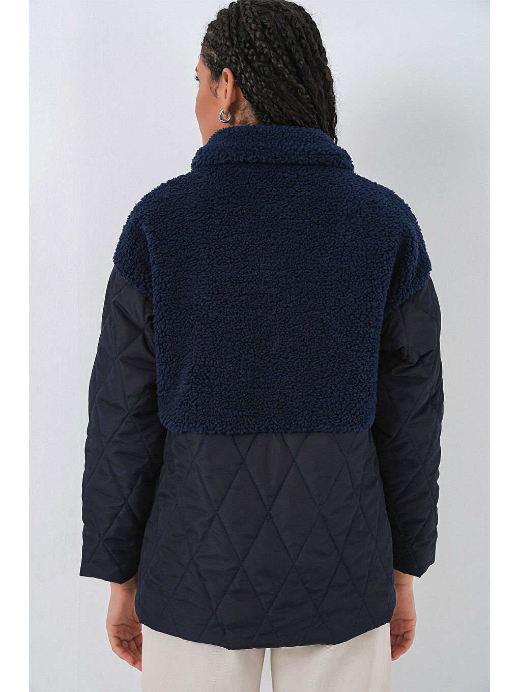 5182 Pelüş Detaylı Oversize Şişme Mont - Lacivert-5