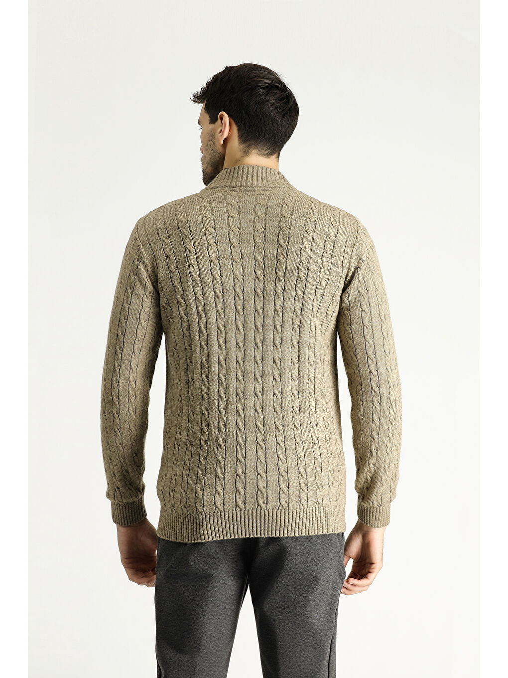 Bej Bato Yaka Regular Fit Fermuarlı Desenli Triko Büyük Beden Kazak-3