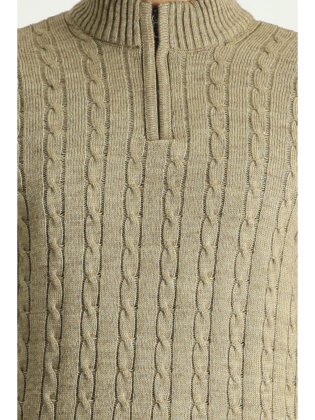 Bej Bato Yaka Regular Fit Fermuarlı Desenli Triko Büyük Beden Kazak-4