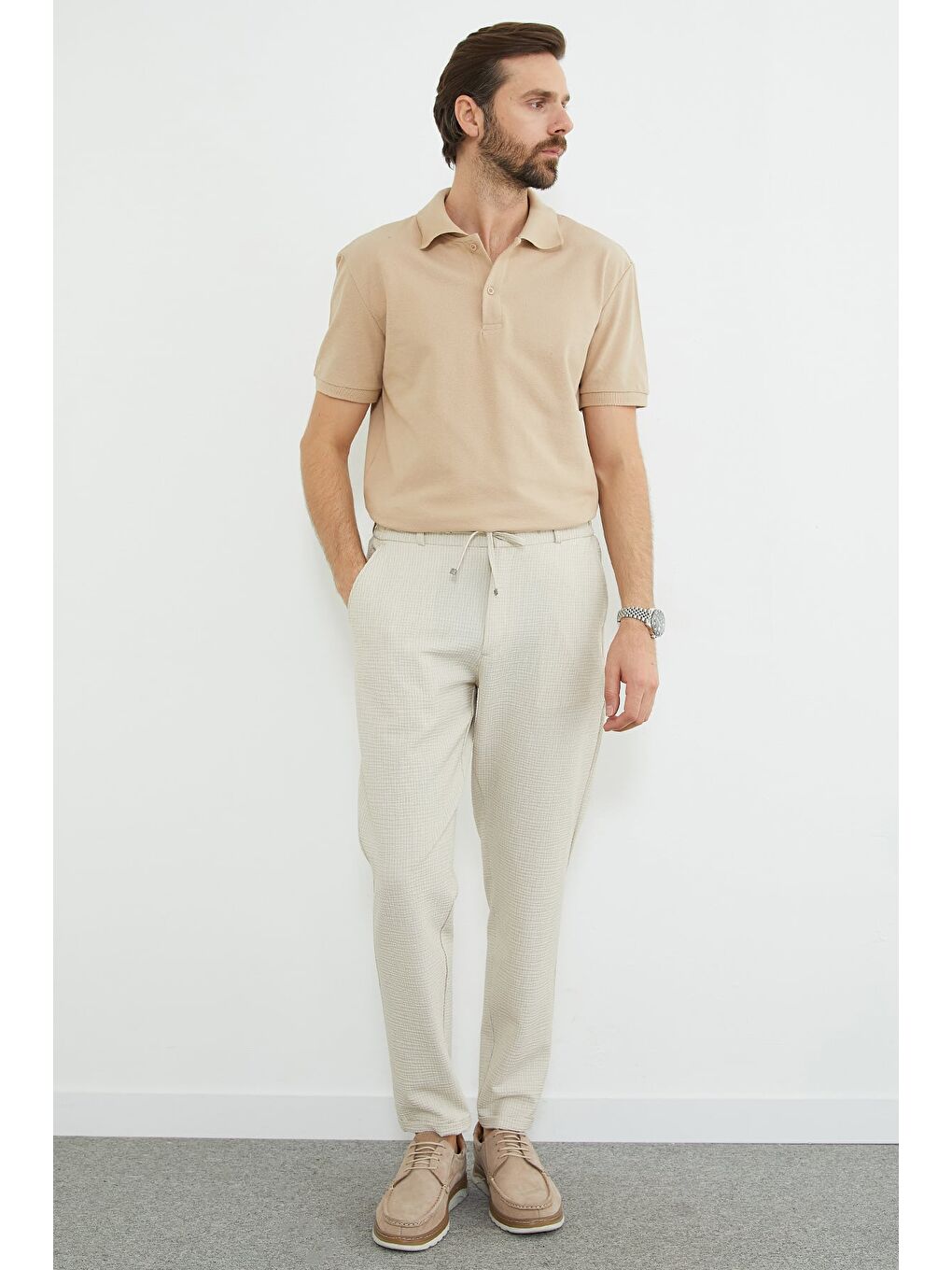 Bej Çizgili Duble Paça Beli Bağlamalı Pantolon-2