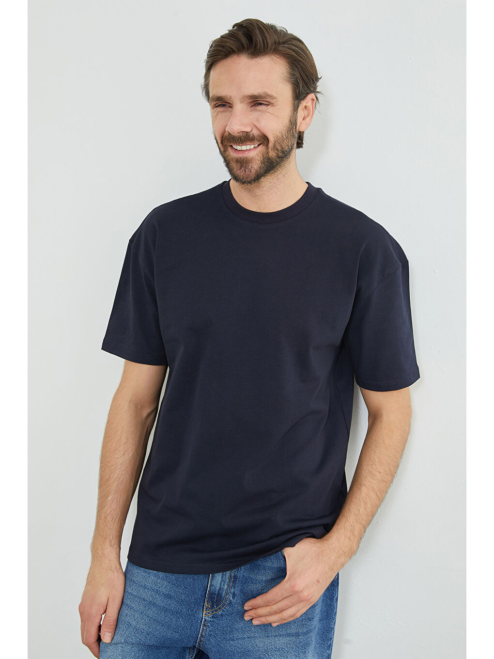 Lacivert Basic Bisiklet Yaka Oversize Tişört