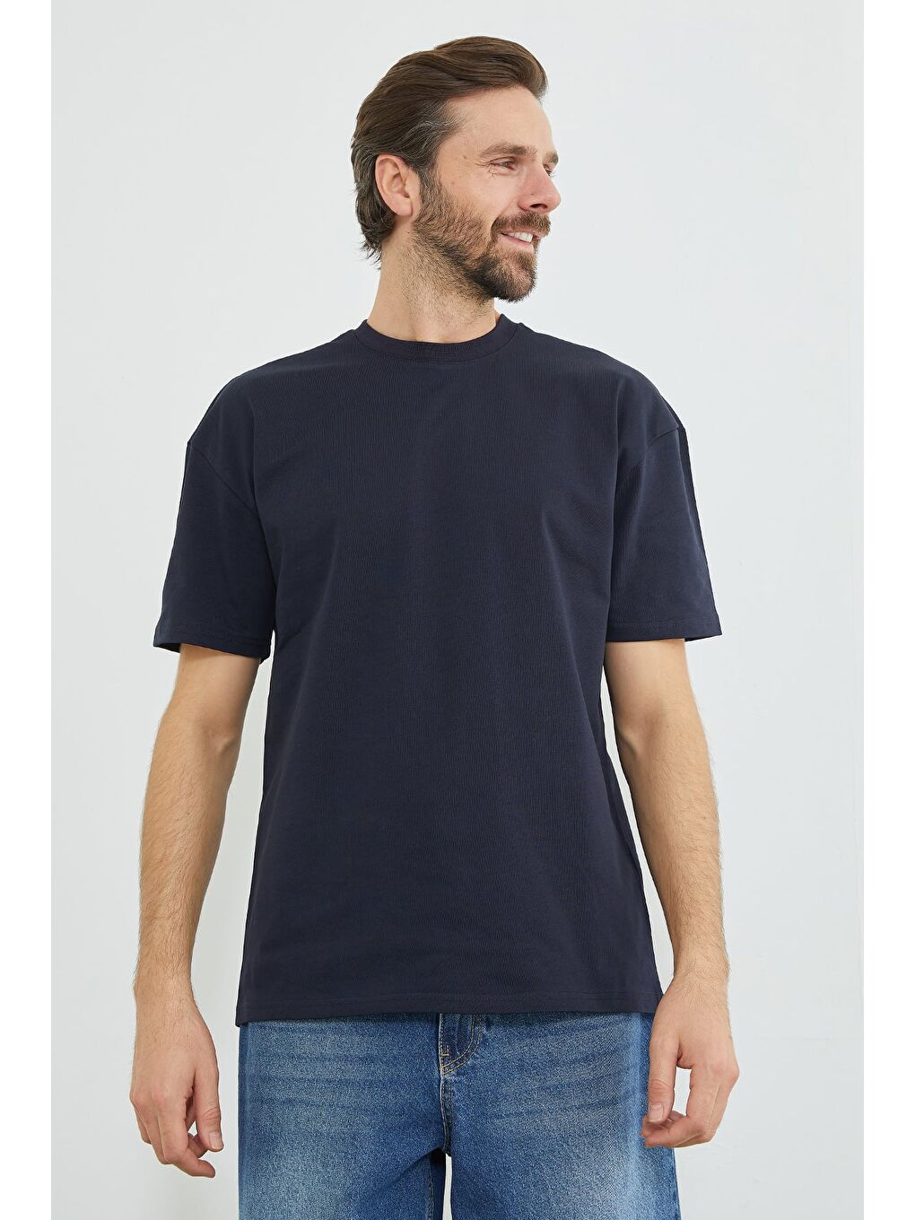 Lacivert Basic Bisiklet Yaka Oversize Tişört-2