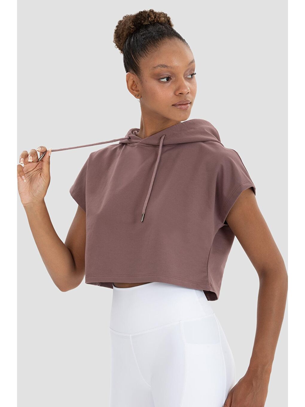 Pembe Alice Kapüşonlu Kısa Kollu Koyu Gül Crop Sweatshirt-1