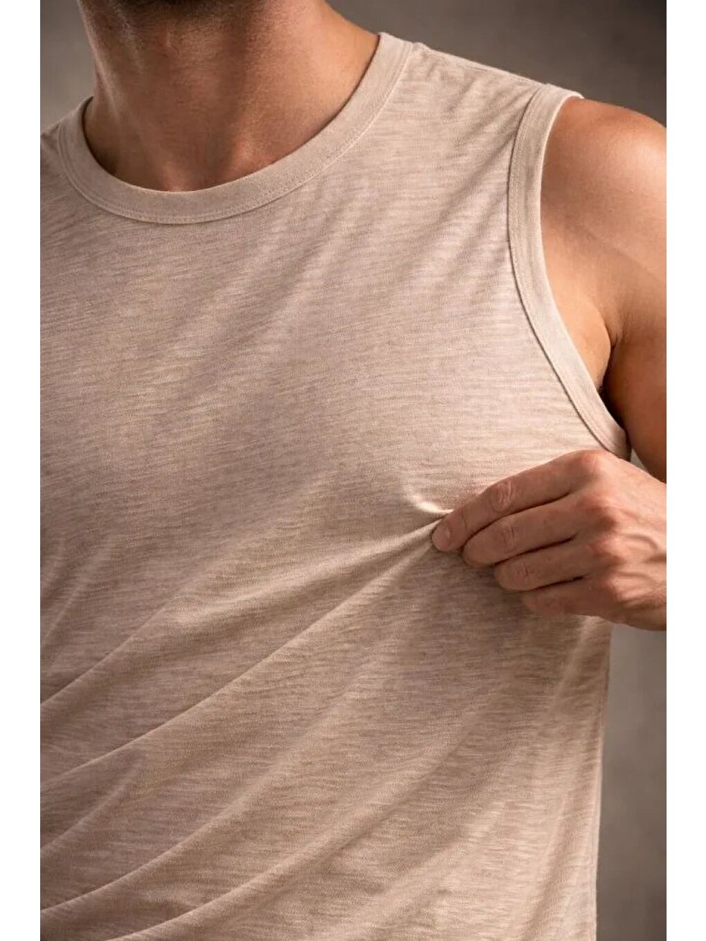 Bej Erkek Flamlı Kumaş Sıfır Kolsuz Atlet-1