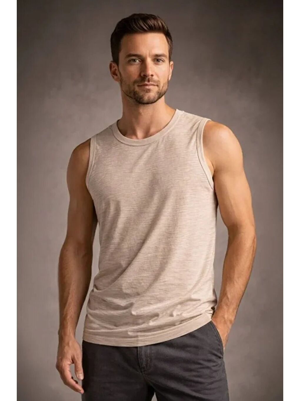 Bej Erkek Flamlı Kumaş Sıfır Kolsuz Atlet-2