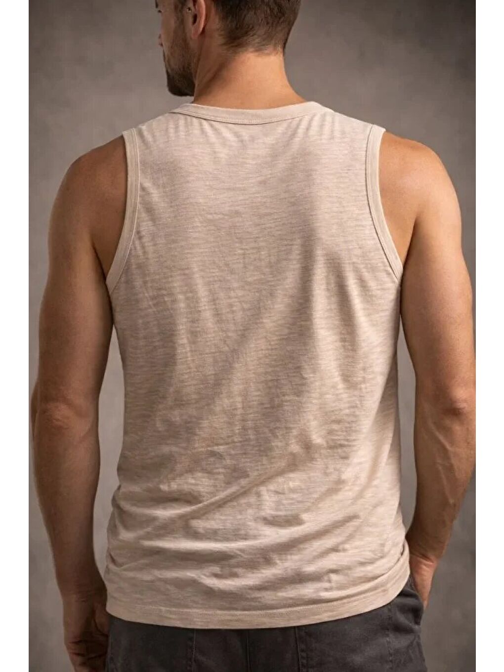 Bej Erkek Flamlı Kumaş Sıfır Kolsuz Atlet-3