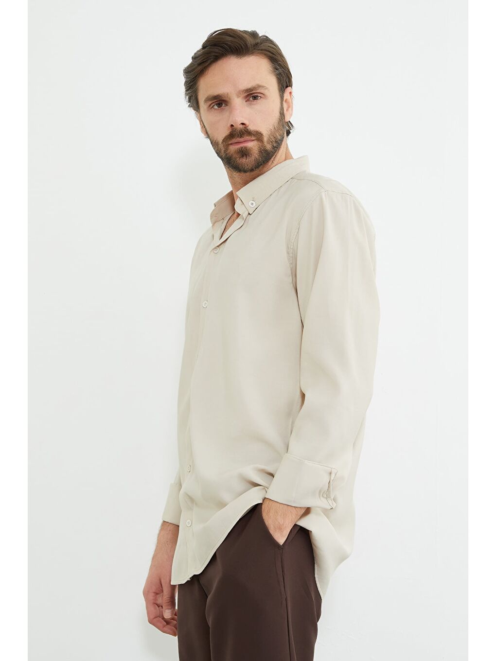 Bej Basic Düğmeli Gömlek-1