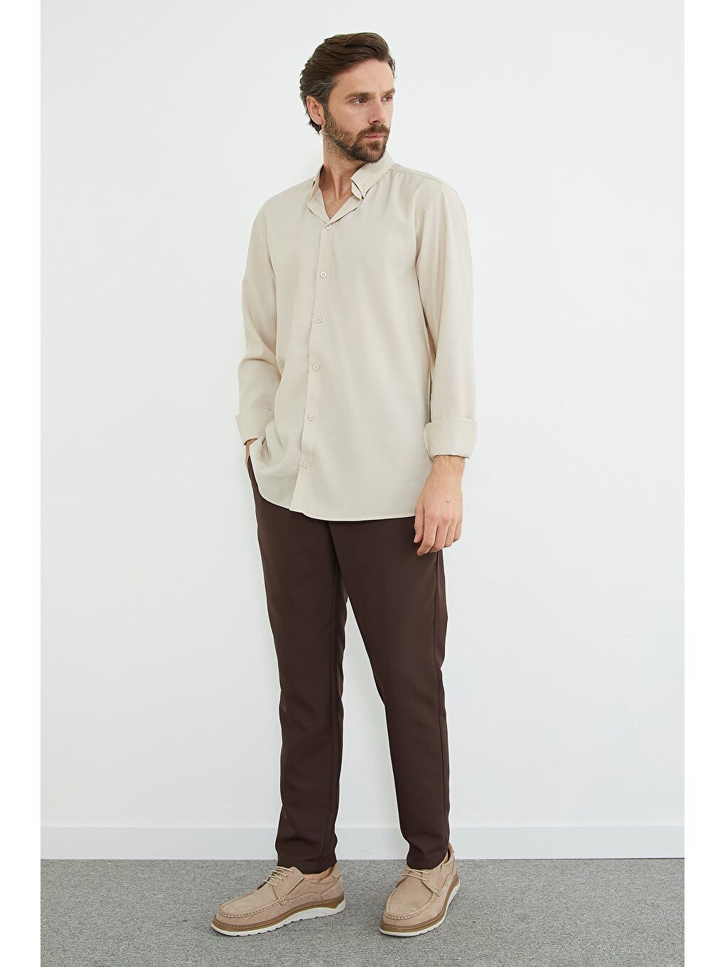 Bej Basic Düğmeli Gömlek-2