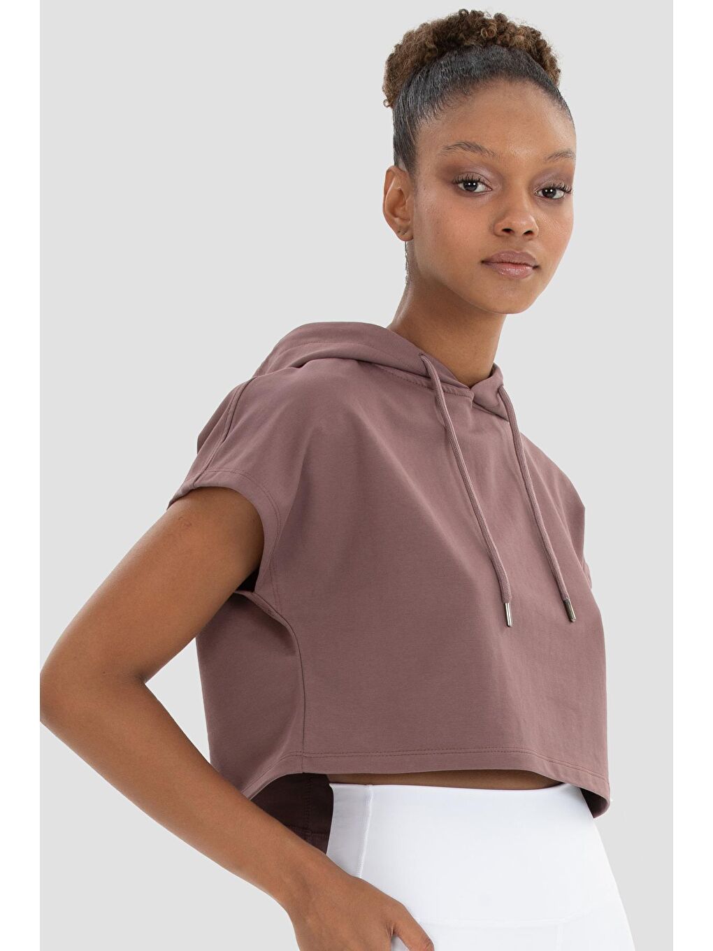 Pembe Alice Kapüşonlu Kısa Kollu Koyu Gül Crop Sweatshirt-3