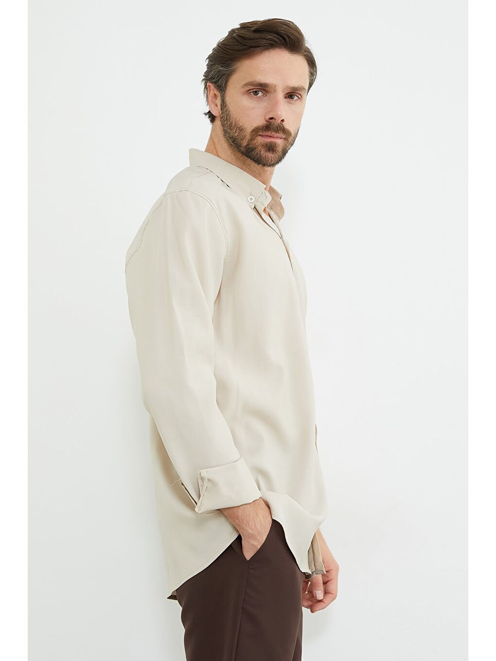 Bej Basic Düğmeli Gömlek-4